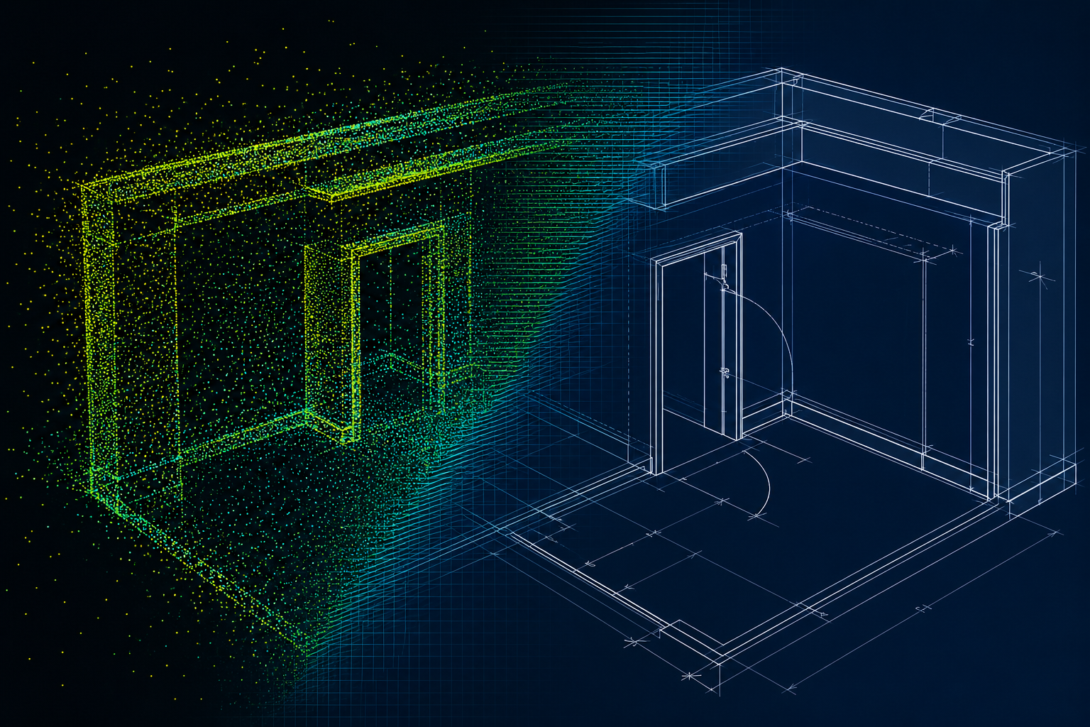 Split image showing a raw LiDAR point cloud of a building interior on the left transitioning into a finished CAD line drawing on the right
