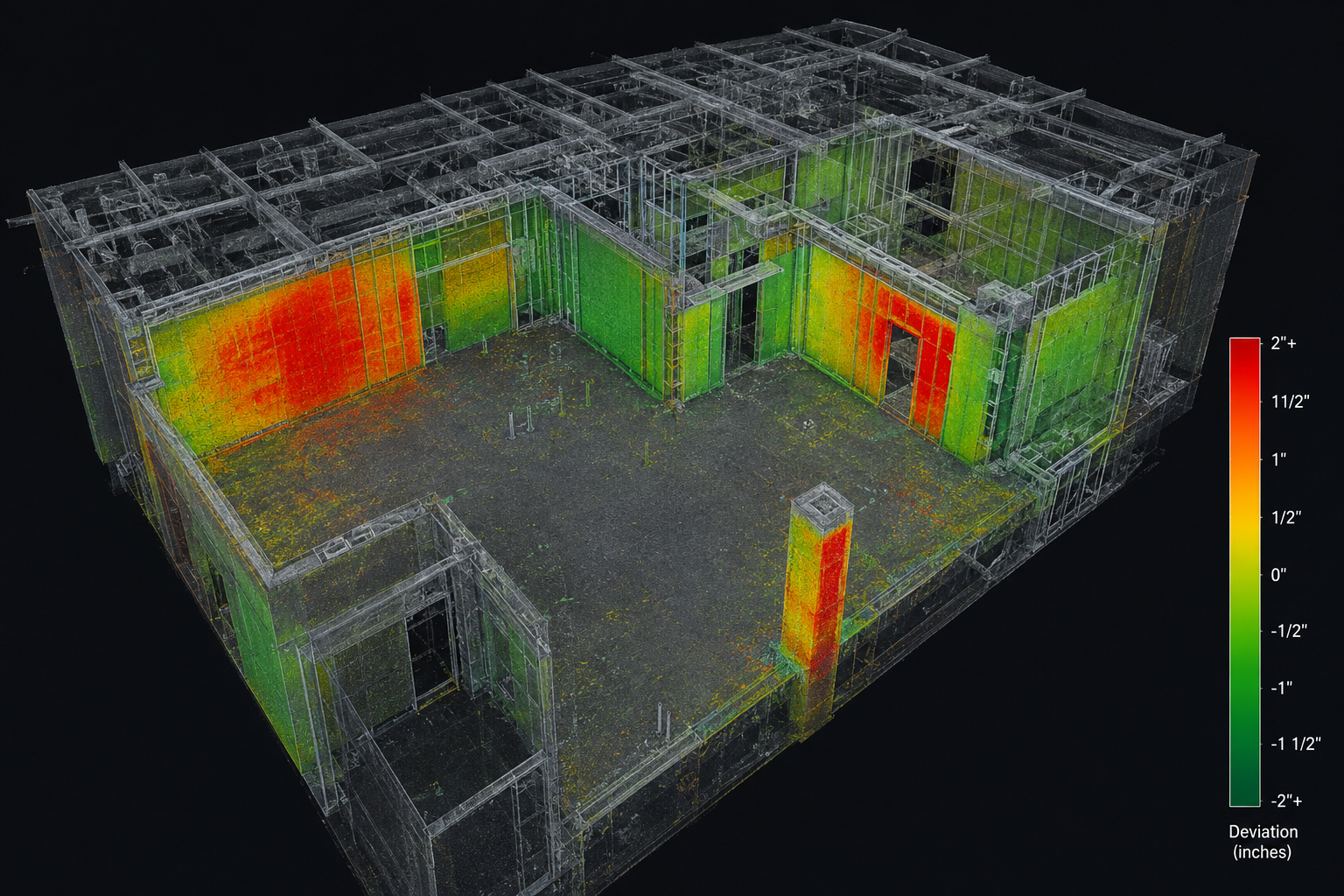 Color-coded deviation heat map comparing an as-built LiDAR point cloud scan of building framing to the design model, showing red areas where construction deviates most from plan
