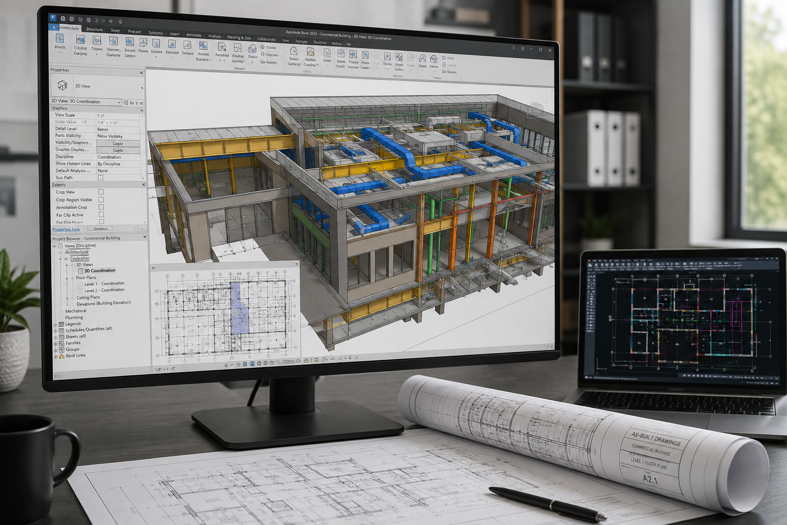 Finished 3D Revit BIM model of a commercial building with color-coded structural and MEP systems shown on a monitor, alongside a laptop with a CAD floor plan and rolled as-built drawings on the desk