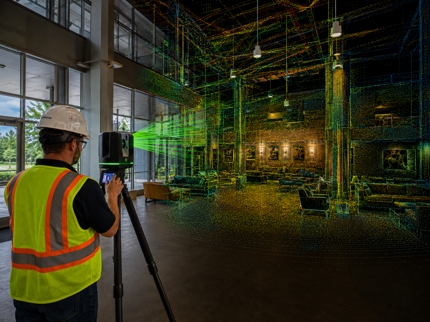 Field technician capturing a LiDAR point cloud scan of a building interior with a laser scanner on a tripod